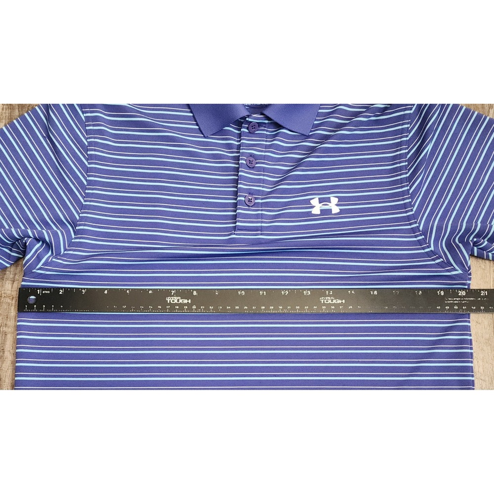 Under Armour Polo Shirt Mens Small Blue Striped Heatgear Loose Fit Short Sleeve - Picture 4 of 6